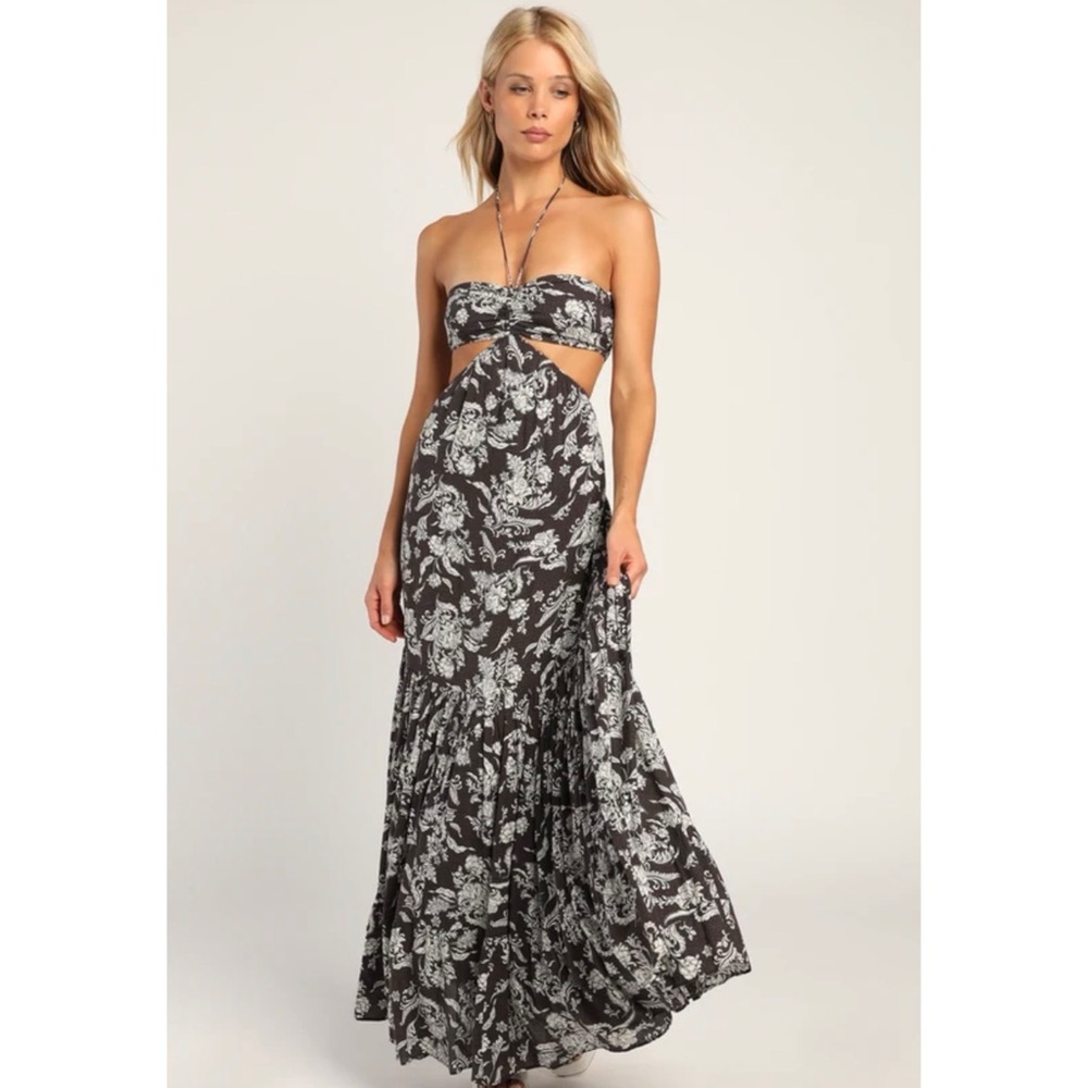 Lulus Black and White Cut-Out Halter Floral Maxi Dress